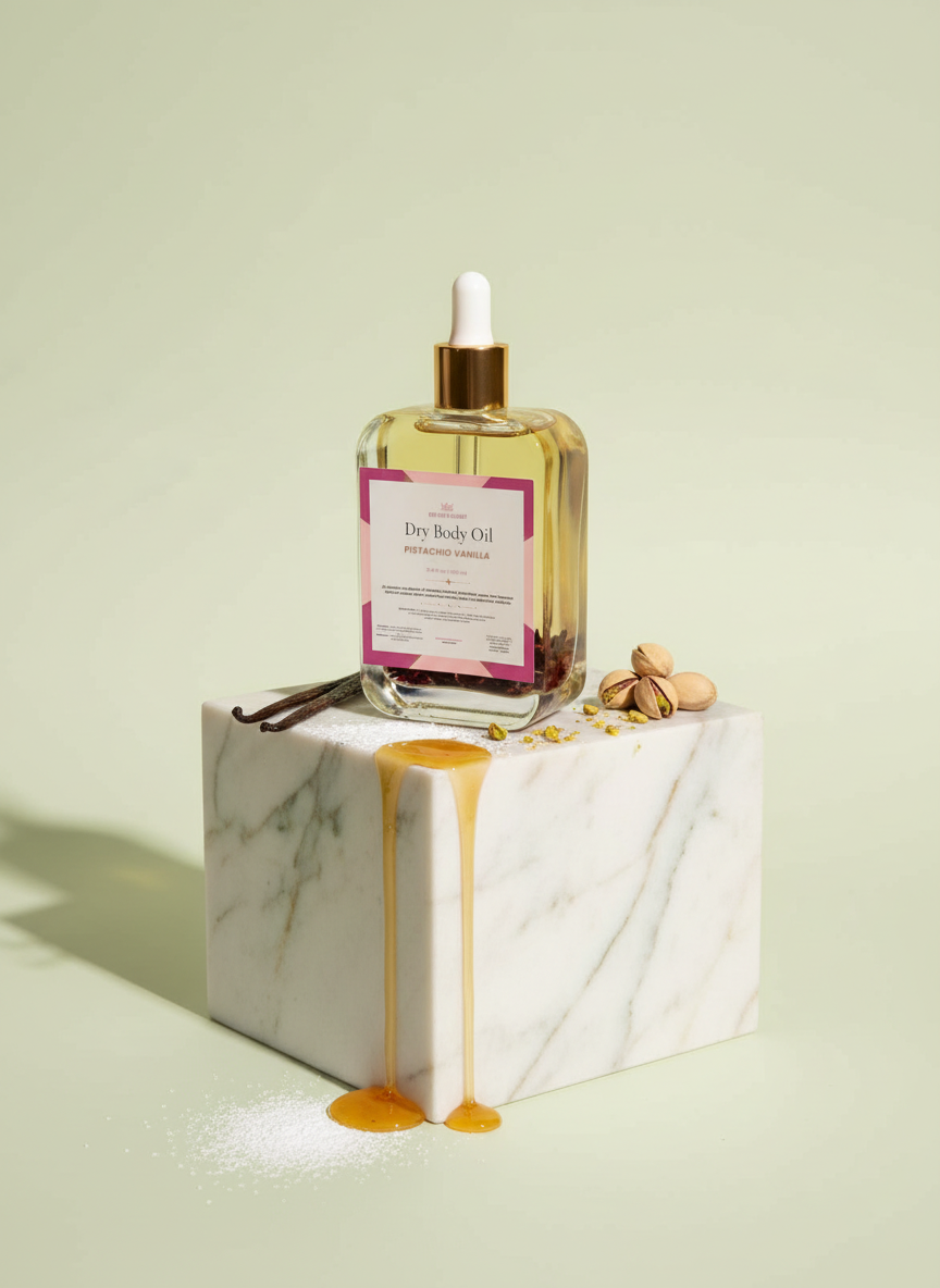 Pistachio Vanilla Dry Body Oil with dripping honey, vanilla beans and pistachios on marble
