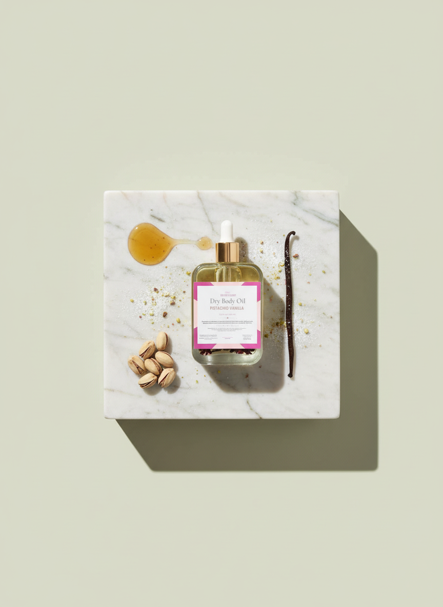 Flat lay of Pistachio Vanilla Dry Body Oil on marble with honey, pistachios and a vanilla bean