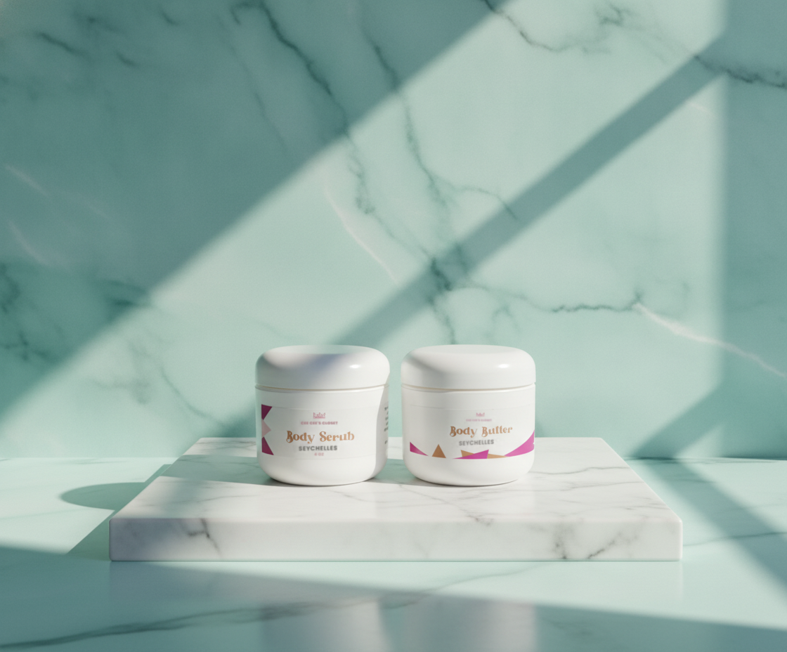 Soft Skin Set in Seychelles – Body Scrub and Body Butter on a marble plinth in soft window light