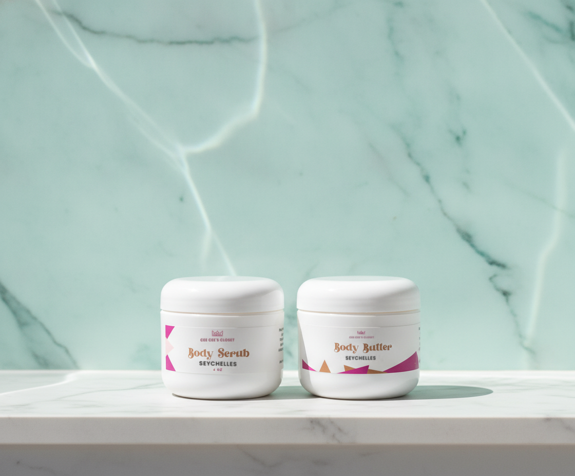 Soft Skin Set in Seychelles – Body Scrub and Body Butter on white marble with seafoam backdrop