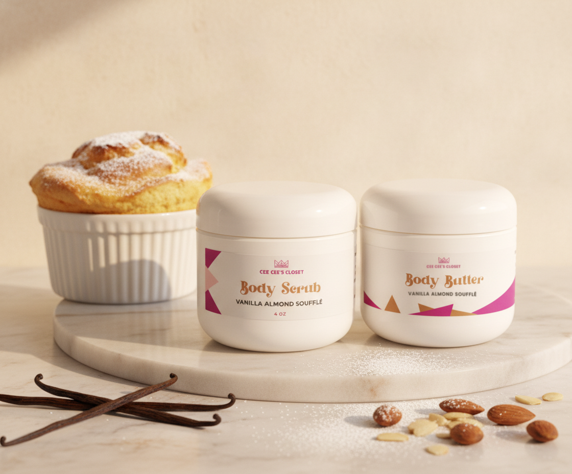 Soft Skin Set in Vanilla Almond Soufflé – Body Scrub and Body Butter beside a fresh soufflé